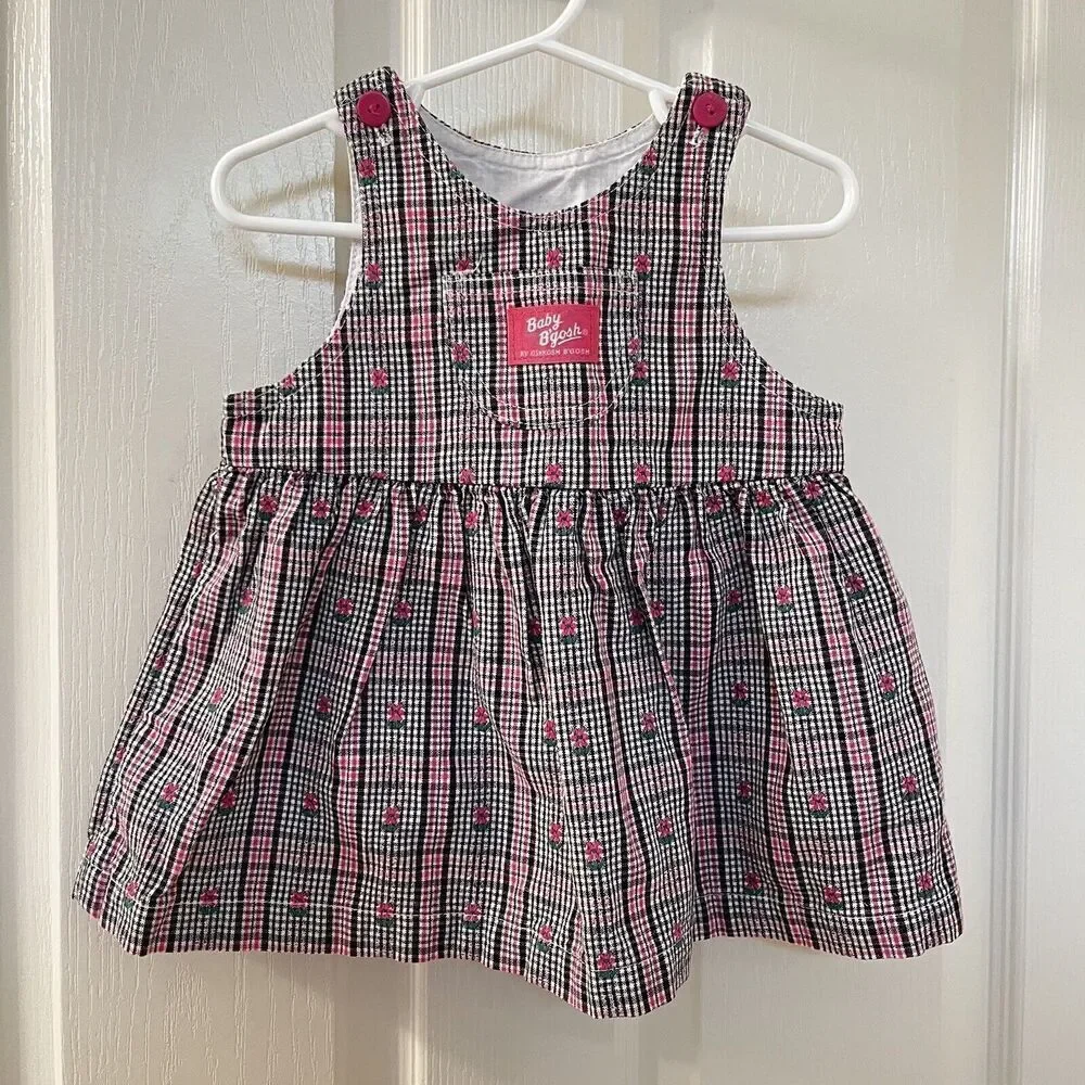Vintage Oshkosh Baby B'gosh Floral Pink Black Plaid Dress USA Girls SZ 18 Months